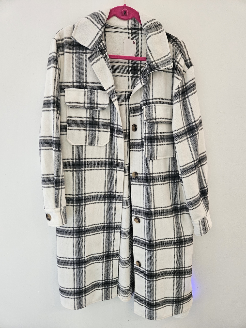 SO Black and White Plaid Pea Coat